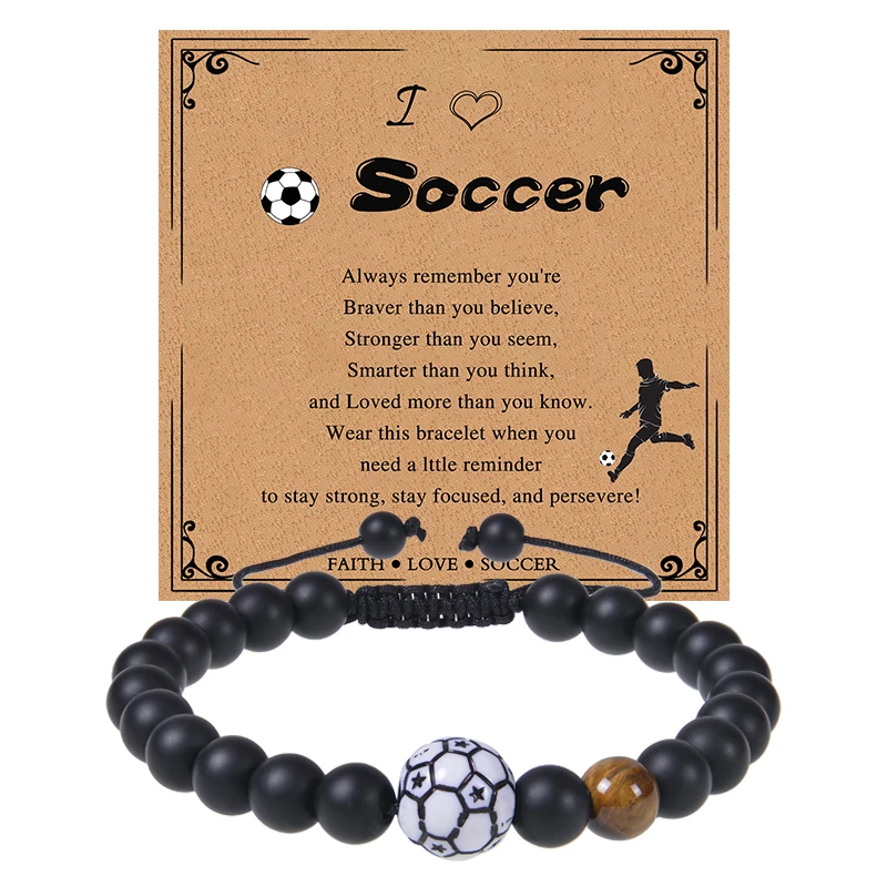 Black Matte Stone Bracelet Gifts for Teen Boys Soccer Football Bracelet Gifts for Player Birthday Graduation Gifts for Son