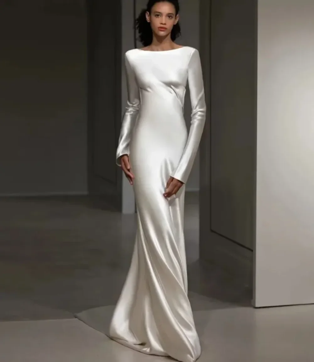 New Wedding Dress 2024 Sheath For Bride Silk Satin Full Sleeves Long-Open Back Custom Made Bridal Formal Gown Vestidos De Novia