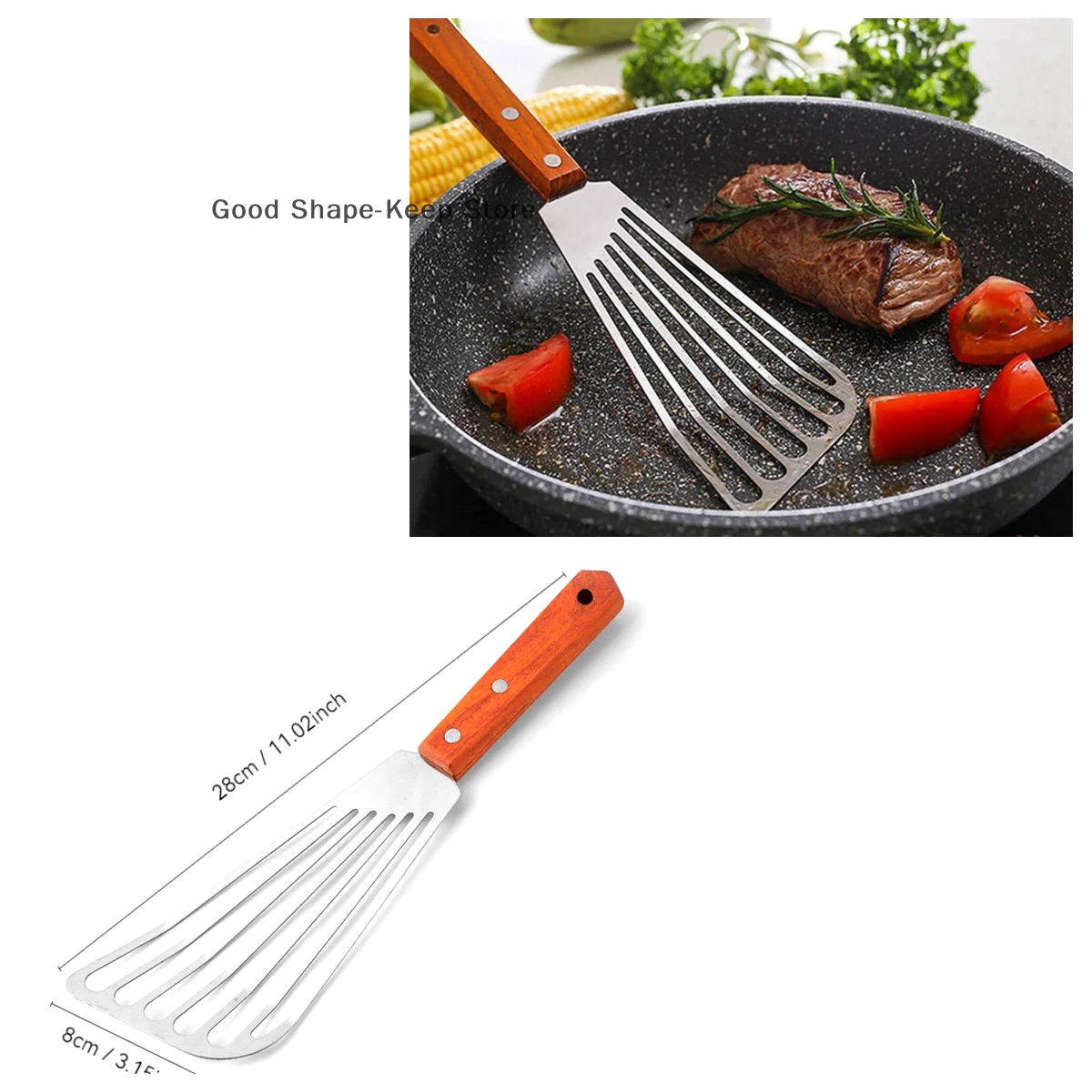 1PC Stainless Steel Cooking spatula Fish Frying Shovel With Wooden Handle Fan-shaped Shovel Household High-temperature Shovel