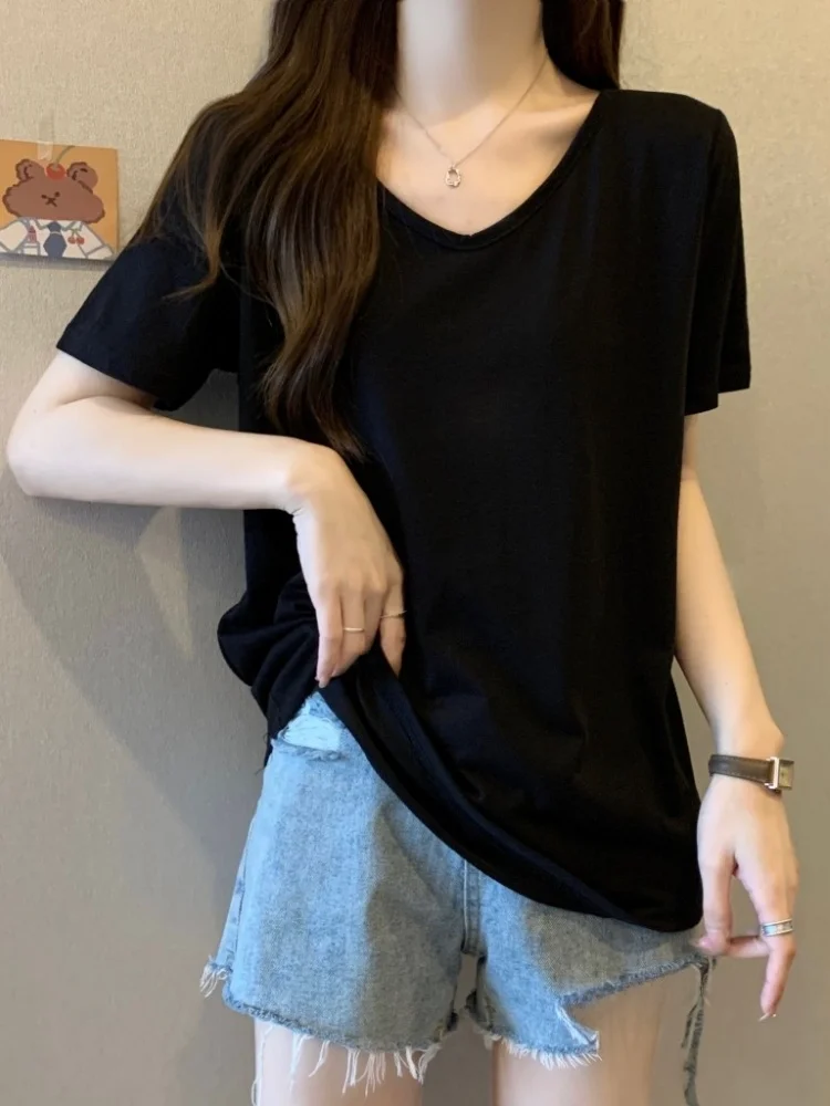 Slimming V-Neck Short Sleeve T-Shirt Women's Summer Fashion plus Size Base Shirt Show Clavicle Cover Belly Korean Style Top