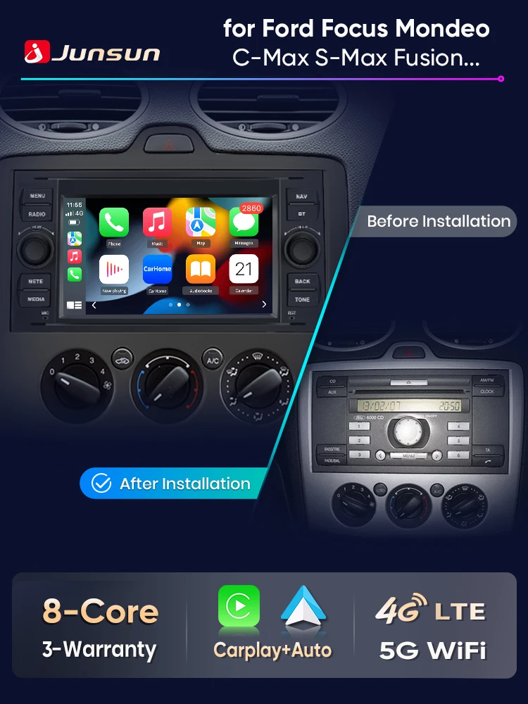 Junsun 7-Zoll Kabelloses CarPlay Android Auto Autoradio für Ford Focus Mondeo Fiesta Transit Kuga C-Max S-Max Galaxy Multimedia Kabelloses Apple CarPlay Intelligente Systeme IPS Touchscreen