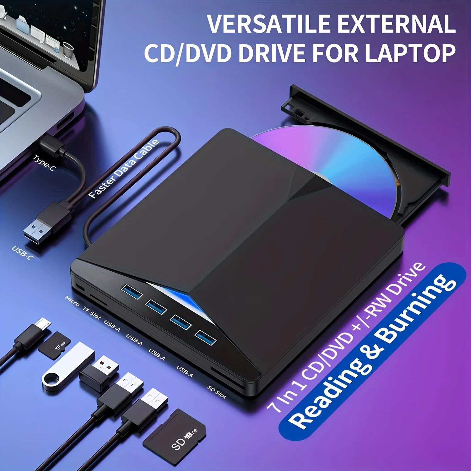 7‑in‑1 USB 3.0 External CD/DVD Drive, High‑Speed CD DVD +/-RW Burner with 4 USB Ports & Dual TF/SD Card Reader, Plug & Play Compatible with Mac, PC, Windows 11/10/8/7 & Linux