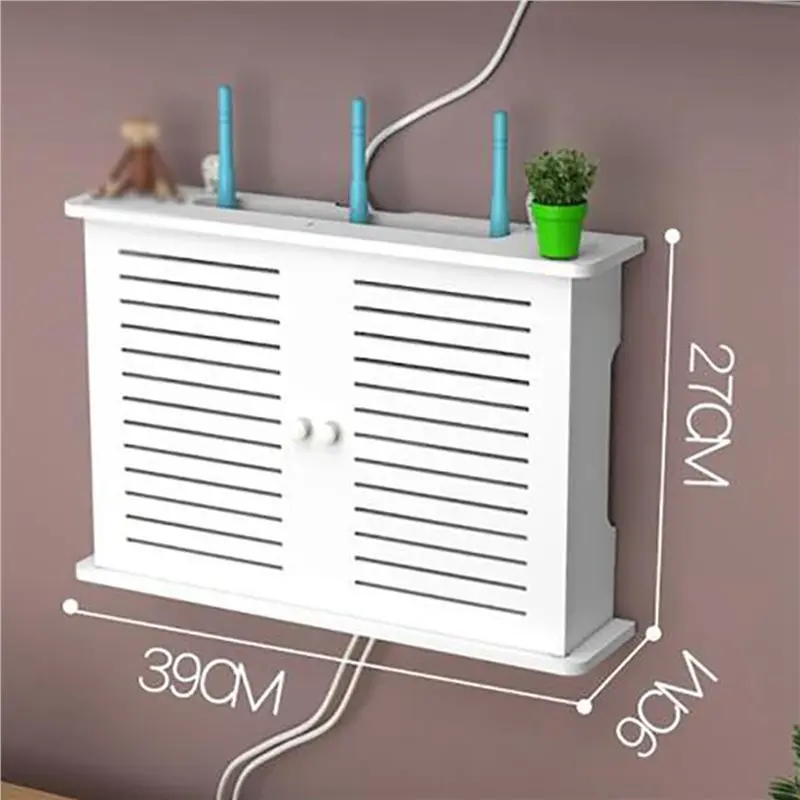 DT19 2X Wall Mounted Router Storage Box, No-Punch Cable Bracket Shelf for Wifi Router Plug Board, White PVC Wooden Shelf,