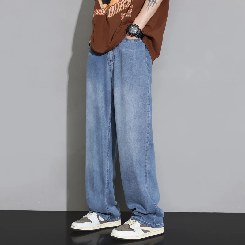 

Ice Silk Men's Summer Thin Denim Jeans American High Street Loose Wide Leg Straight Casual Pants Lightweight Wear Resistant