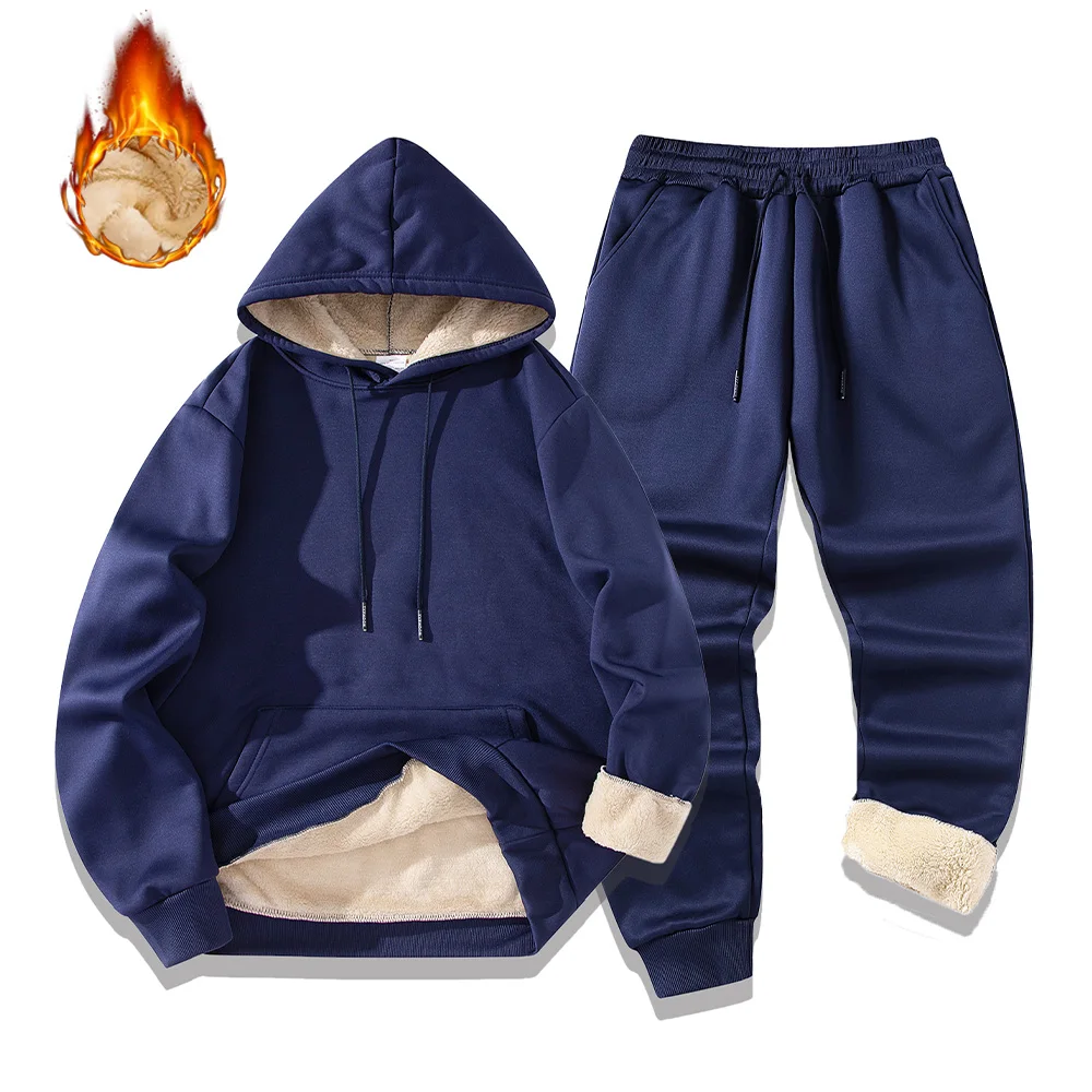 Men's Winter Sports Suits Plush Thickened Warm Hoodies Sweatshirts+Jogging Pants Two-piece Set Casual Sportswear Tracksuits