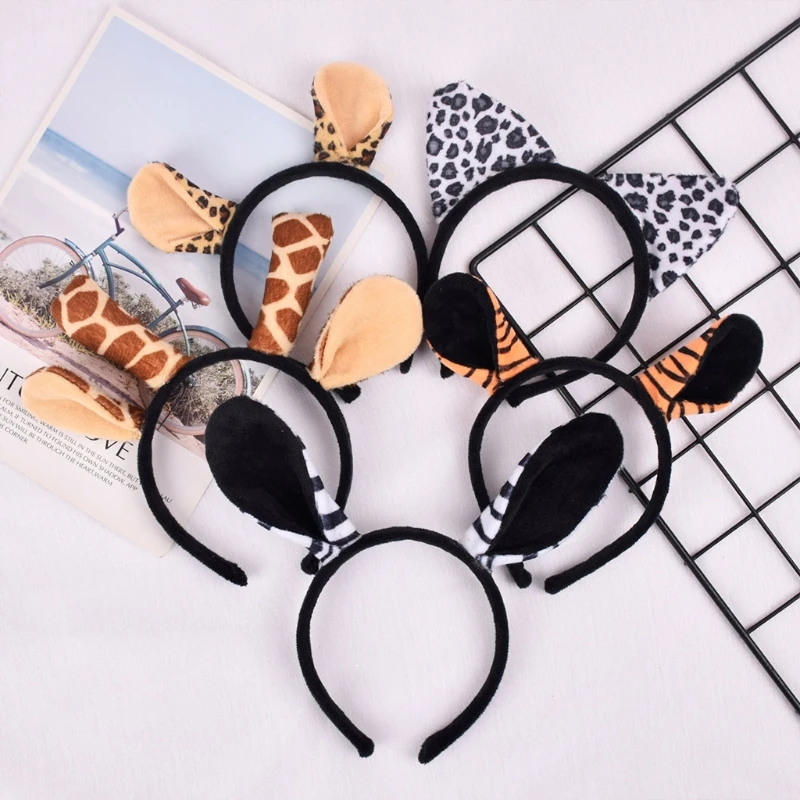 Funny Animal Costume Set Zebra Tiger Leopard Giraffe Ears Headband Tail Set Fancy Dress Up Halloween Cosplay Costume