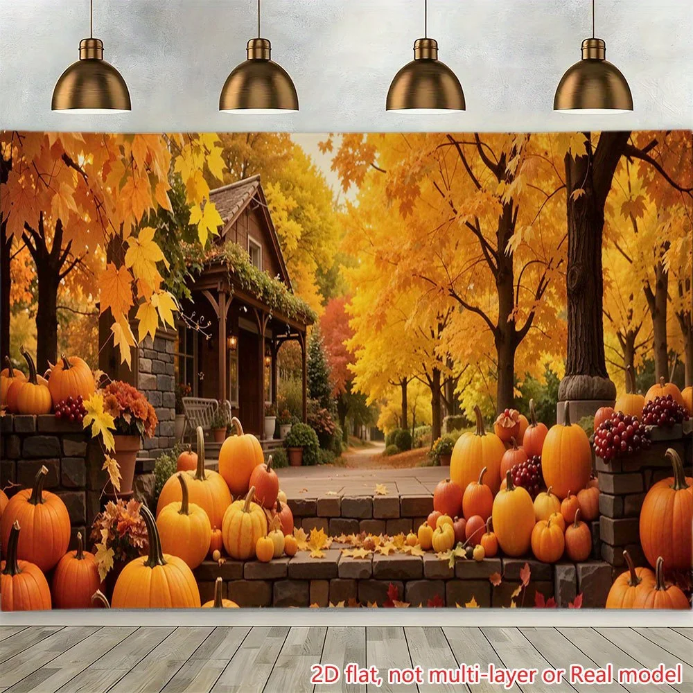 Autumn Fall Pumpkin Leaves Wall Mural Tapestry Wallpaper Decor Halloween Forest Cabin Seasonal Rustic Polyester Home Background