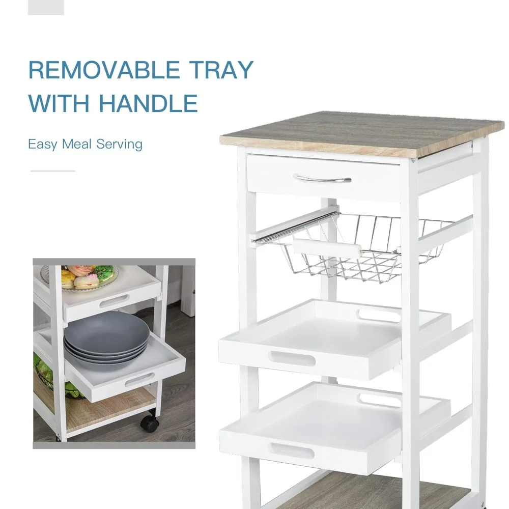 

Mobile Kitchen Cart, Rolling Kitchen Island with Storage, Solid Wood Frame Utility Cart with Wire Fruit Baskets, Customized