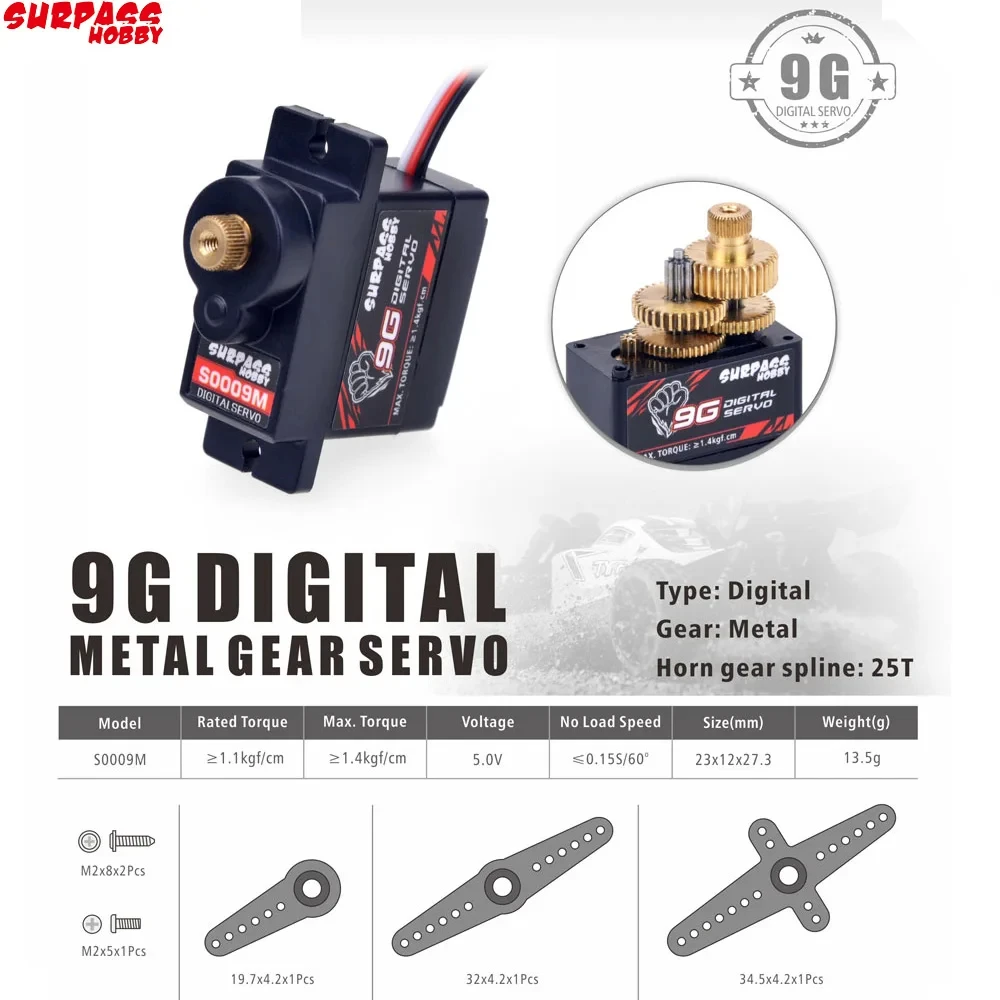 SURPASS HOBBY S0009M 9g Metal Gear Digital Servo 1.9KG Servo for RC Drone Airplane Robot Car Boat Duct Plane