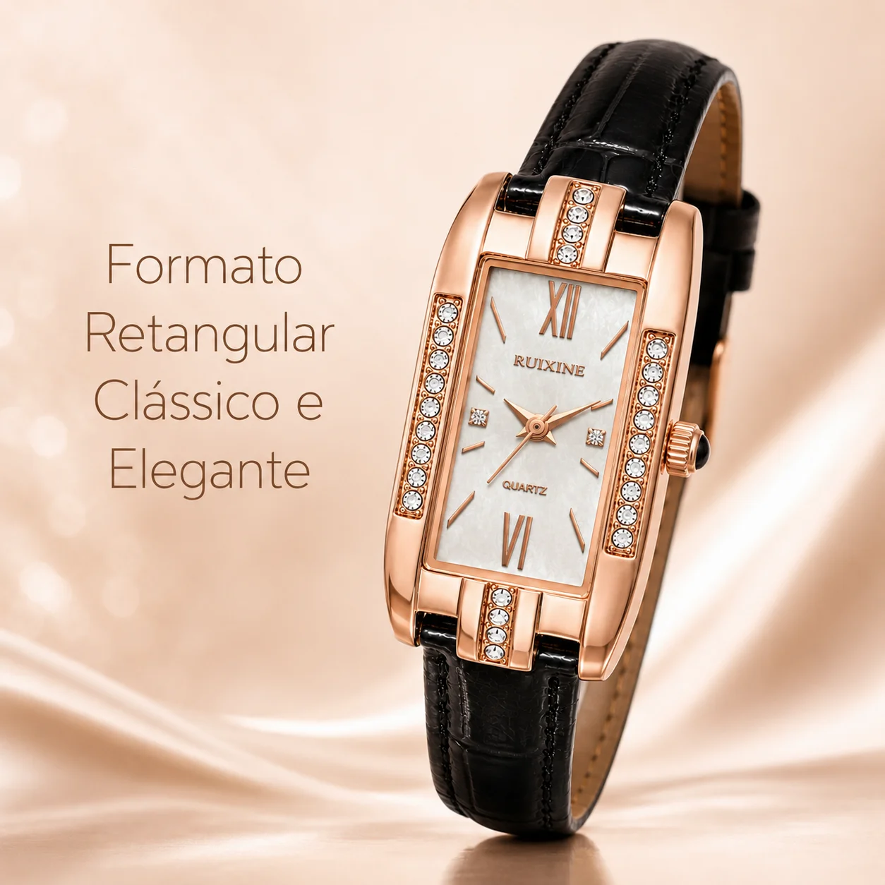 Rectangle Women Watch Rose Gold Case Rhinestone Inlay Roman Numeral Dial Black Leather Strap Elegant Ladies Quartz Wristwatch