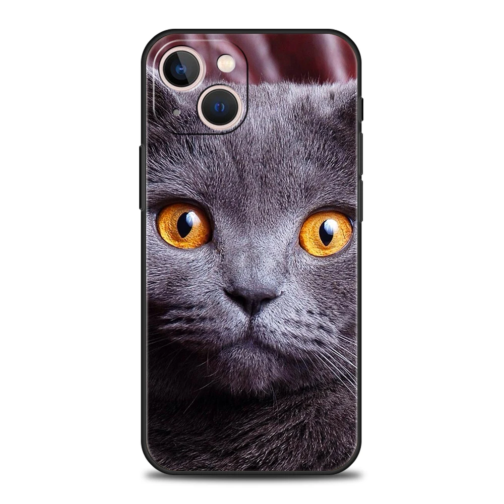British shorthair cat Luxury Phone Case For iPhone 11 12 13 14 15 16 Pro Max Mini X XR XS 7 8 Plus SE Silicone Cover Black Funda