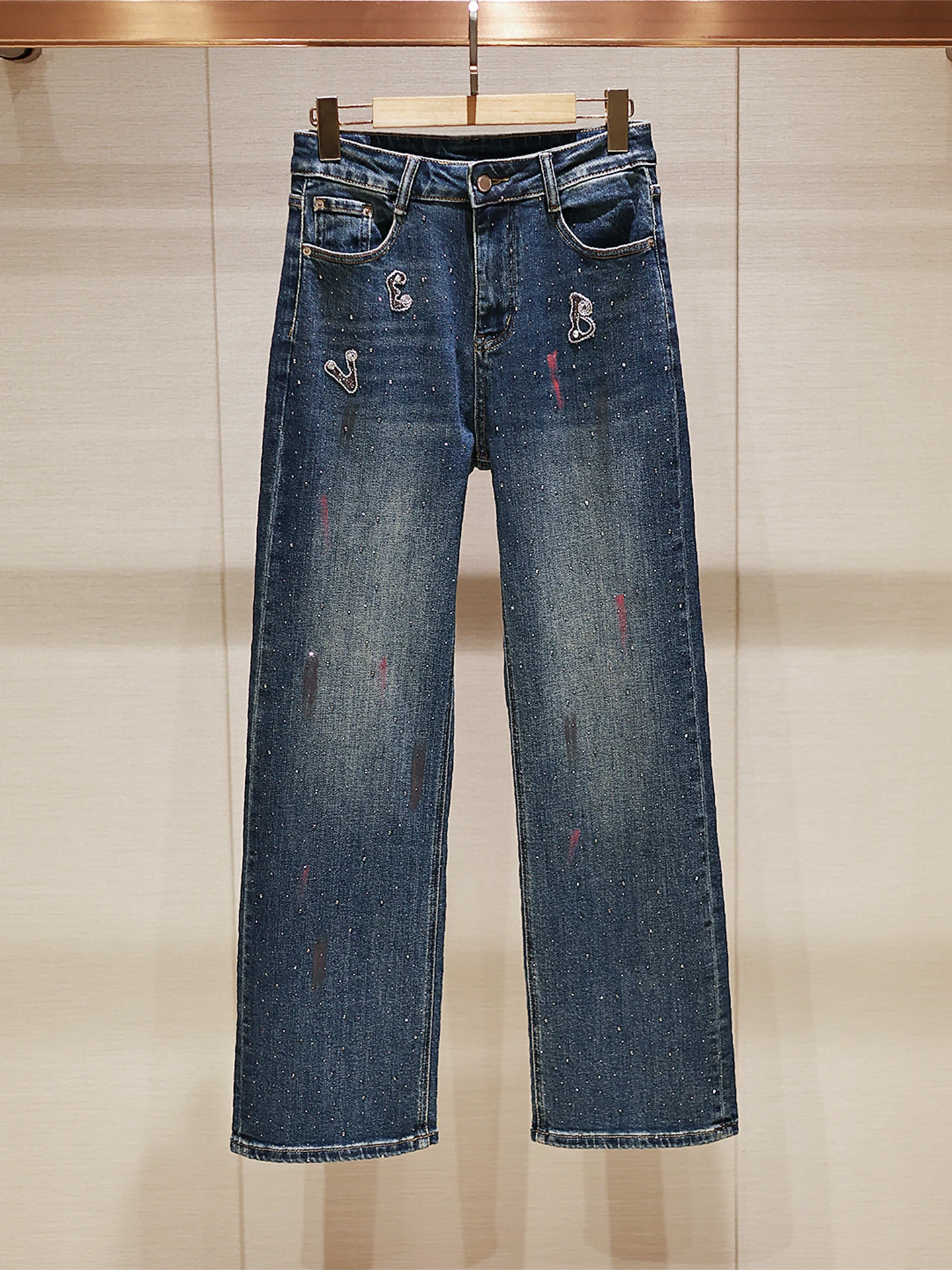 

Джинсы женские с высокой талией, прямые, синие, с эффектом потертости, с бриллиантами, осенняя новинка, комфортные, дышащие