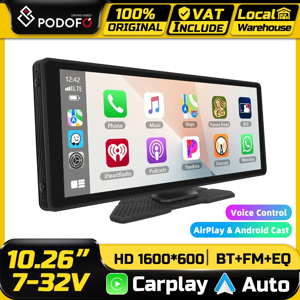 Podofo 10,26 Zoll Auto-Dashboard-Videorekorder, kabelloses Carplay, Android Auto DVR, AirPlay, Android Cast Monitor, Stereo-Multimedia, FM, AUX