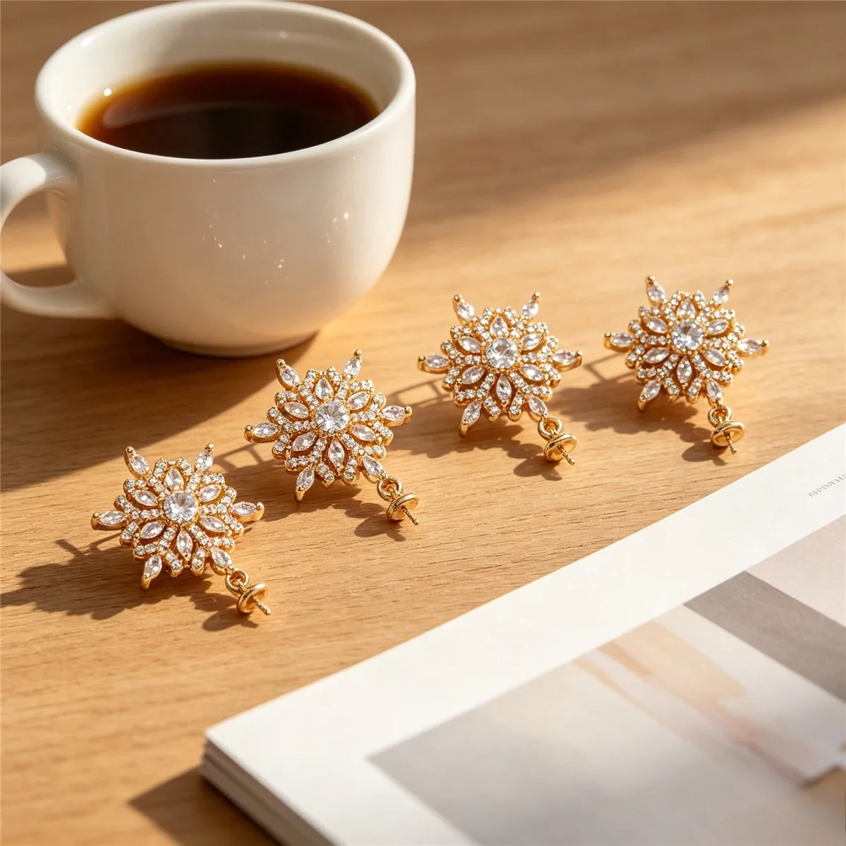 Brass Gold Plated Zircon Snowflake Stud With Half Hole Bezel DIY Handmade Dangle Earring Jewelry Findings For Matching Pendants
