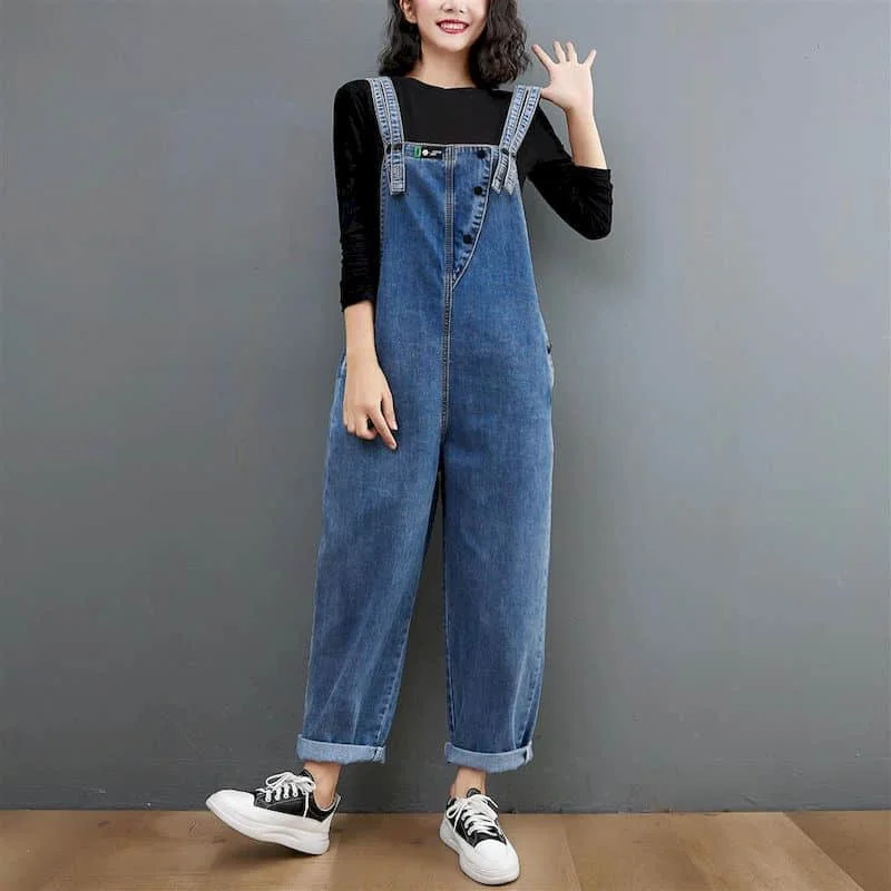 Denim-Overalls für Damen, einfarbig, koreanischer Stil, Harajuku, lockere Overalls, einteiliges Outfit, Damen-Rompers, lässige Vintage-Playsuits