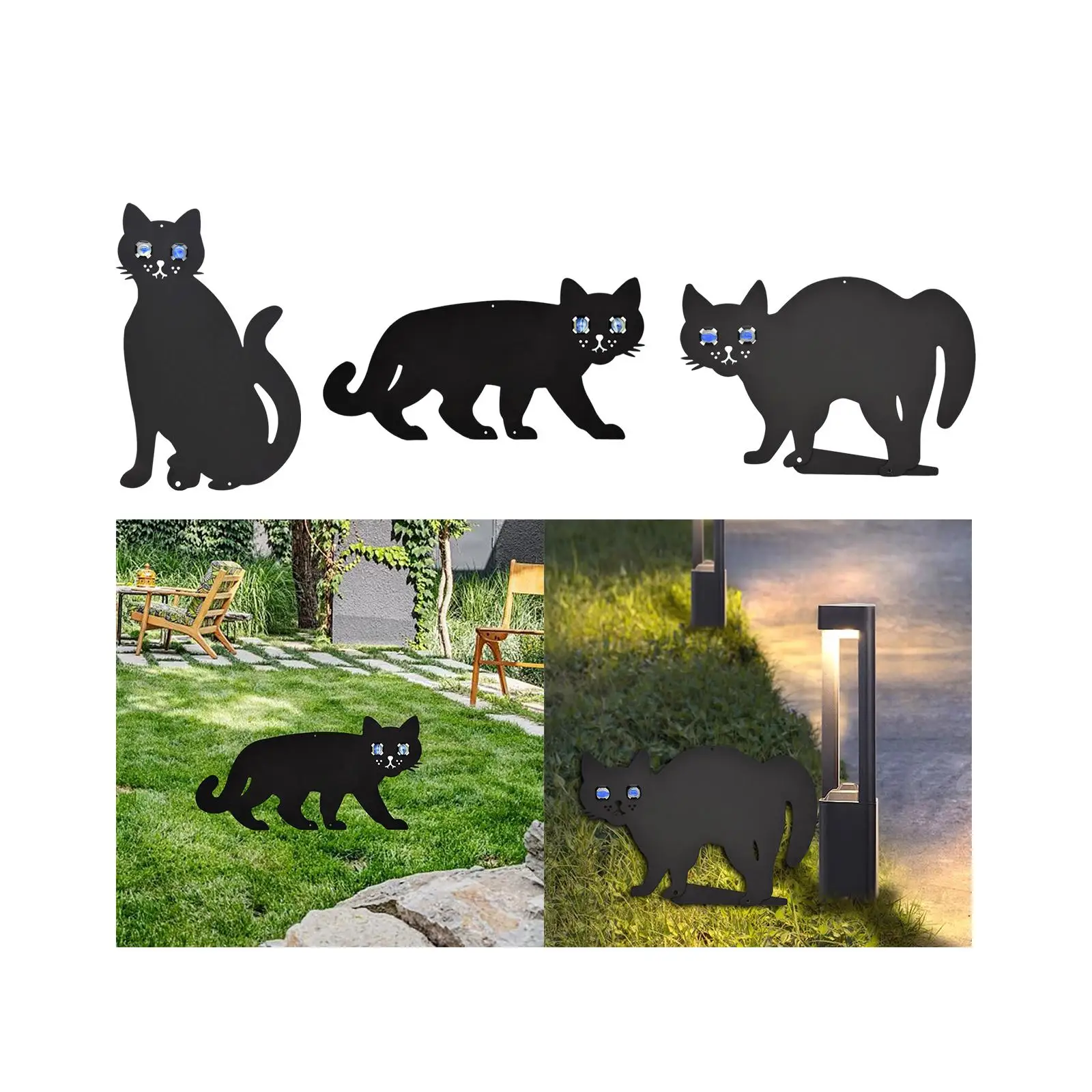 Yard Sign Silhouette Metal Cat Stake with Glass Simulation Eye Lawn Decoration Photography Props for Party Background Decor