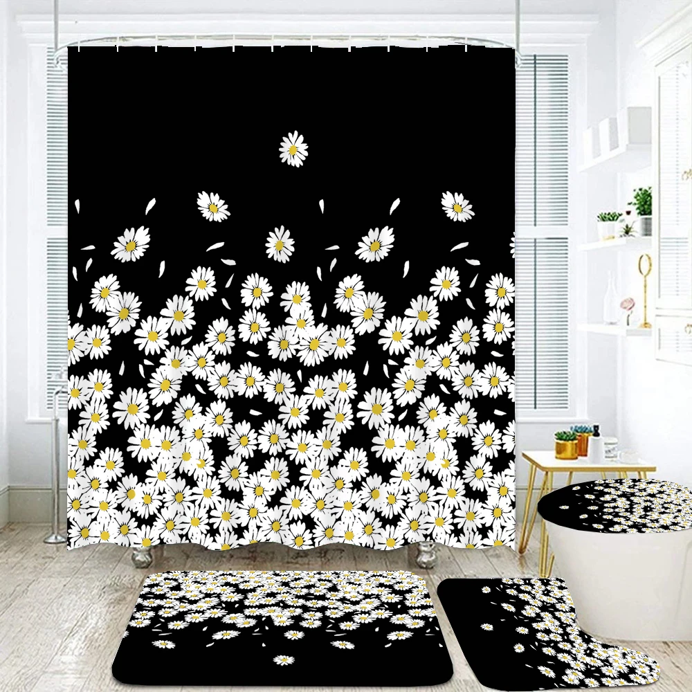 

180*180cm Shower Curtain White Flower Printed Bathroom Curtains Set Floral Bath Mats Rugs Toilet Lid Cover Anti-slip Carpet