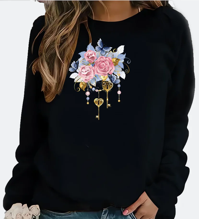 New Women's Hoodie European Butterfly and Flower Brushes  Printed Crew-neck Hoodie Sweatshirt  Streetwear Women Aesthetic