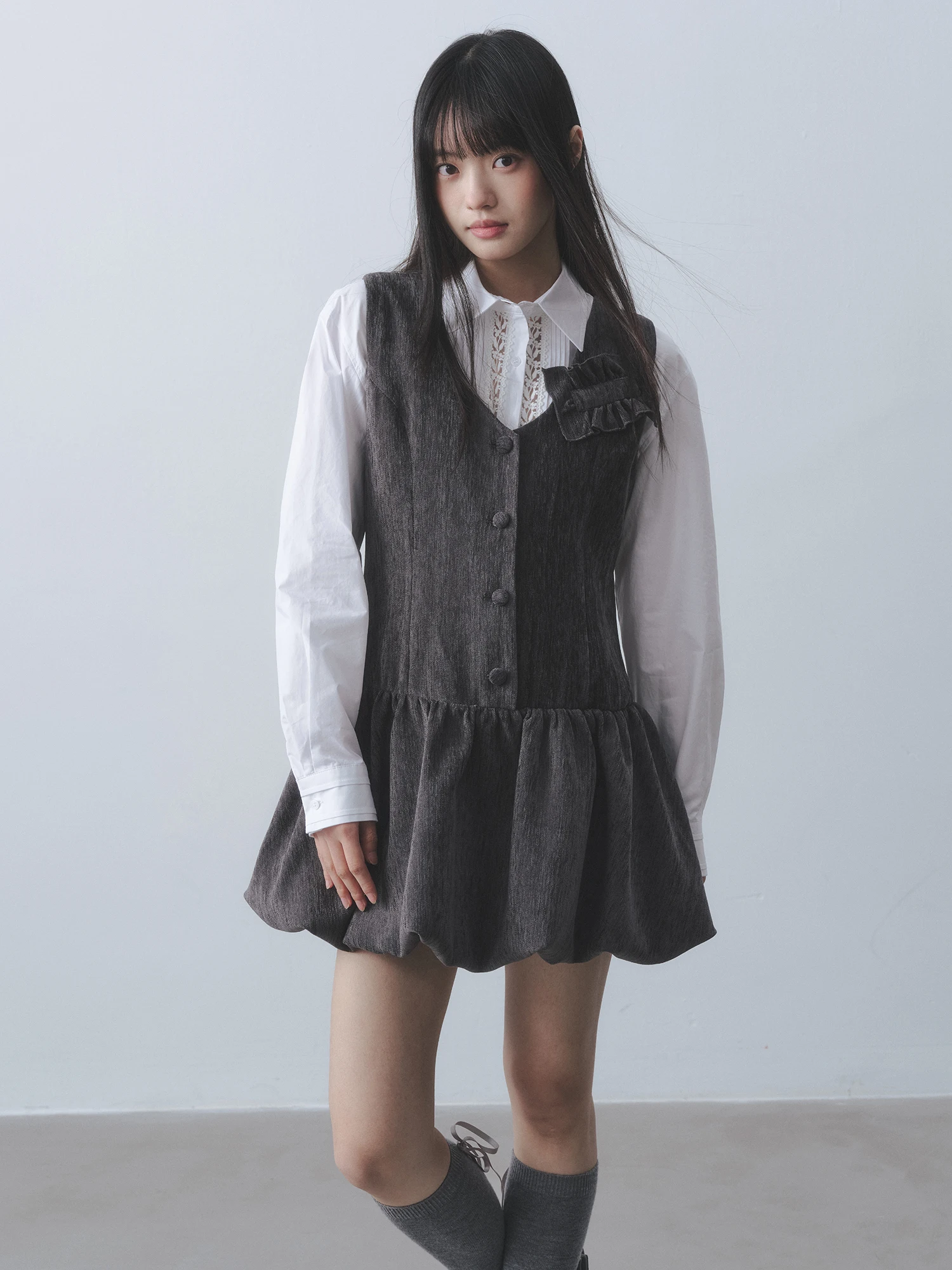 

Dirl Faion College Girl Long Sve Lace Hollow out Careful Design Splice irt French Sle Straight Cut Cotton Blend