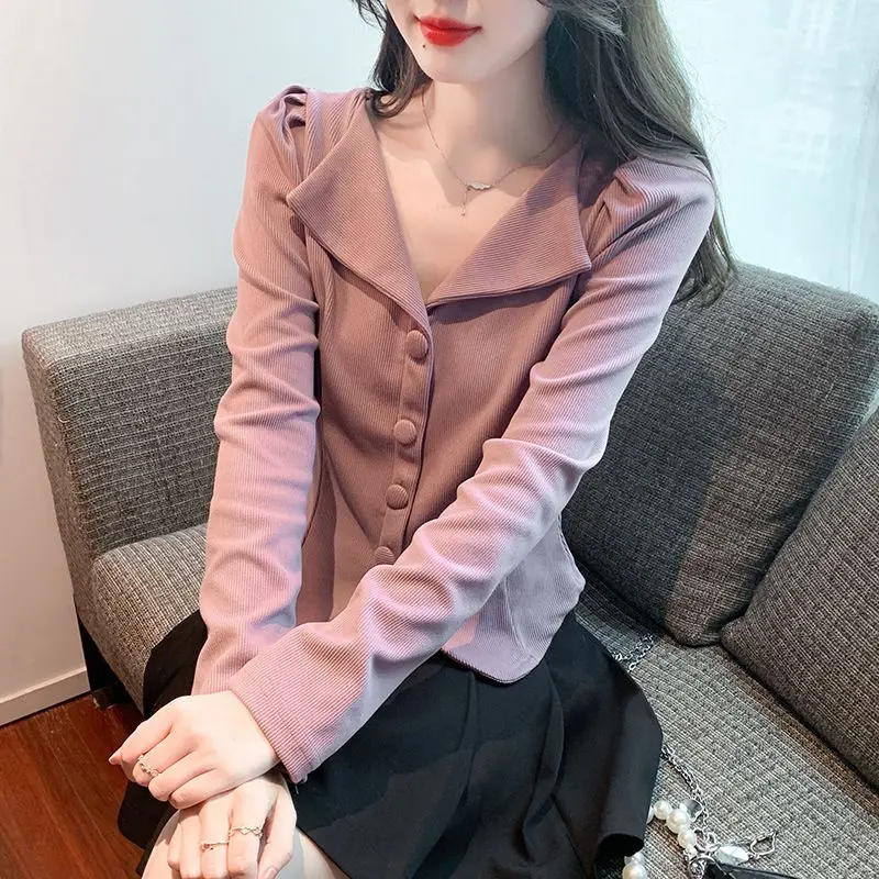 Women\'s Spring Fashion Simplicity Solid Color Turn-down Collar Long Sleeve Shirts Women Clothing Casual All-match Slim Tops