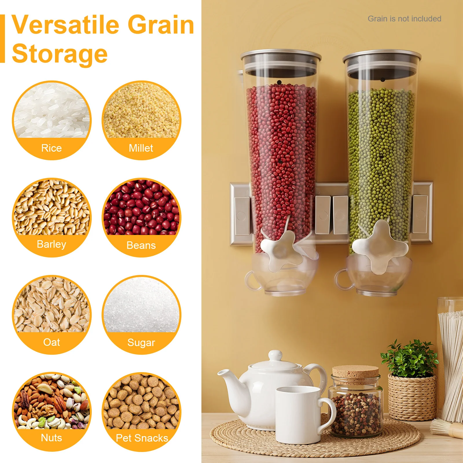 Wall-Mount Dry Goods Dispensers 3L Cereal Double Buckets Dry-Food Container Column Grain Storage Bin Kitchen Storage Organizer for rice,small beans,flour,oats,sugar,nuts,dry grains,coffee beans,cat/dog food