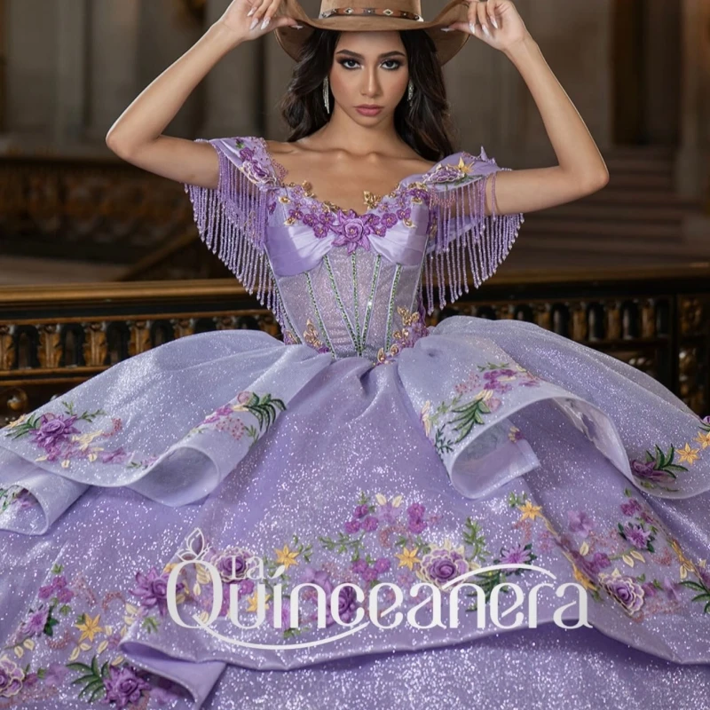 Lavender Shiny Quinceanera Dresses Off The Shoulder Applique Flower Beads Tull Corset Party Birthday Sweet 16 Dress Vestidos 15
