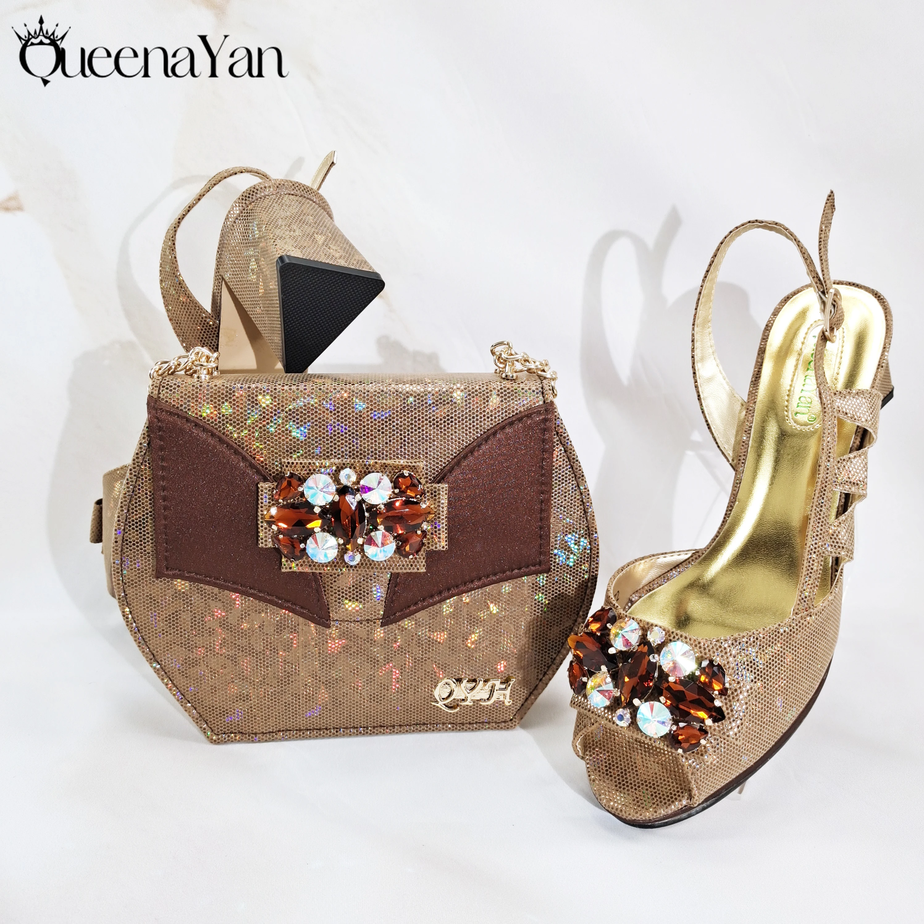 

Queena Yan Special Synthetic Fabrics Design Mature Style Brown Color Party Wedding Peep Toe High Heels Women Shoes and Bag Set