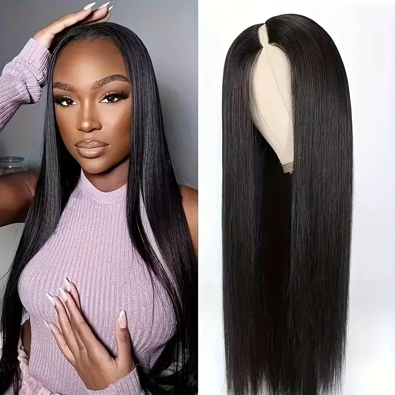 V Part Straight Wig Natural Human Hair Bone Machine Made Wigs No Leave Out  Brazilian V Part 200% Density Human Hair Straight Wigs