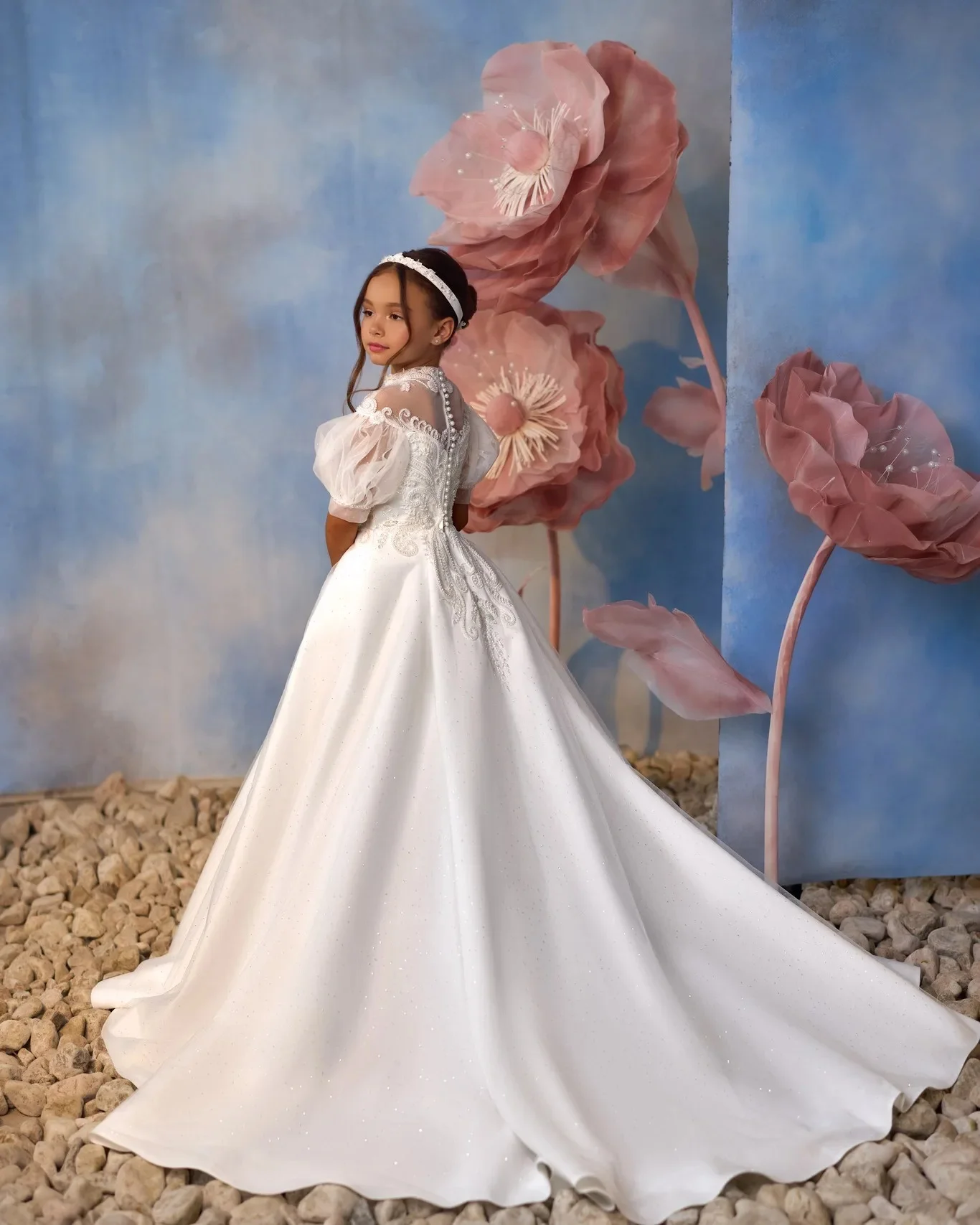 

Princess Flower Girl Dress For Wedding High Neck Applique Floor Lenght Kids Birthday Party First Holy Communion Gown Custom