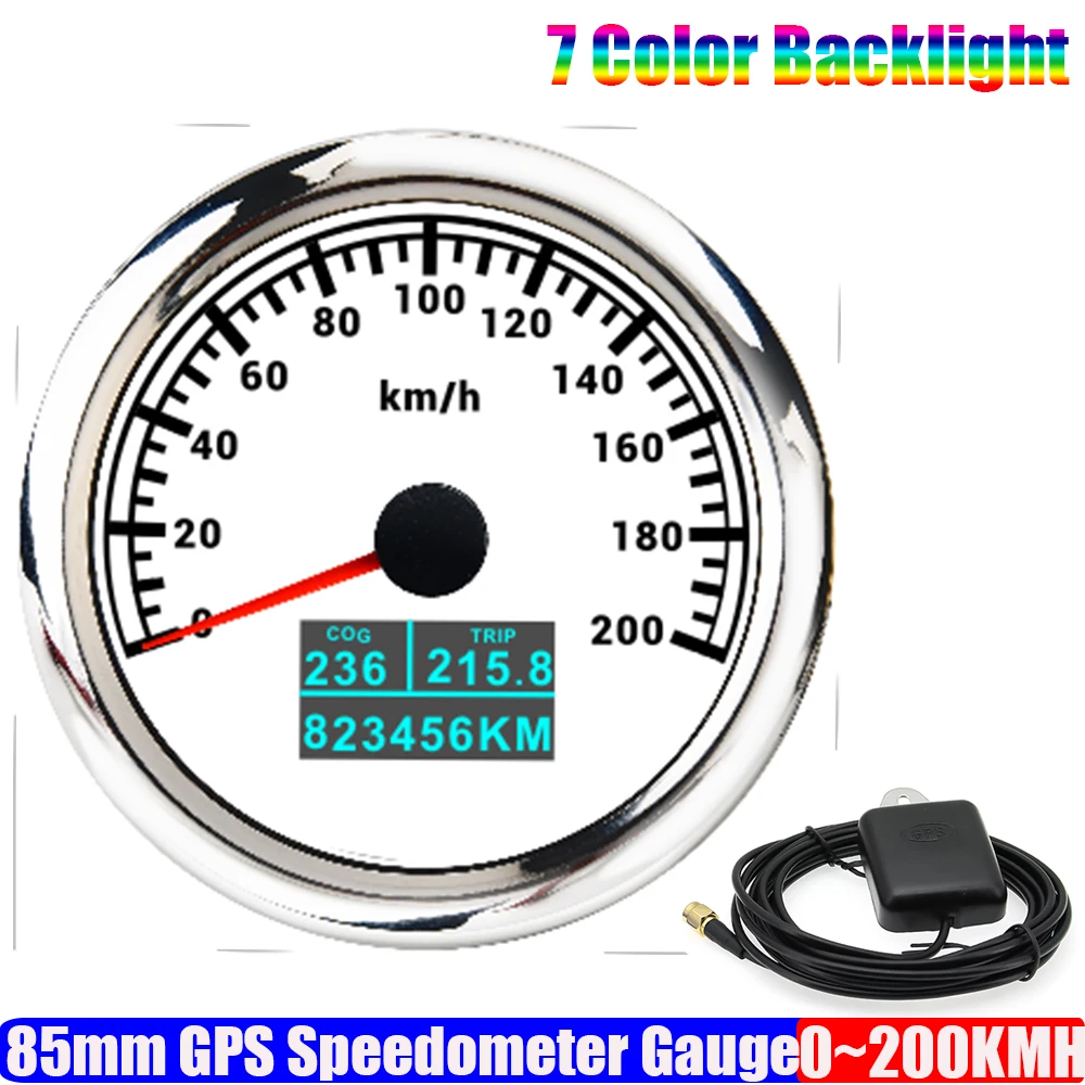 S 0-200KMH 85MM GPS Speedometer Gauge with GPS Antenna 7 Color Backlight COG TRIP Mileage Odometer for Car Boat Yacht 12V24V