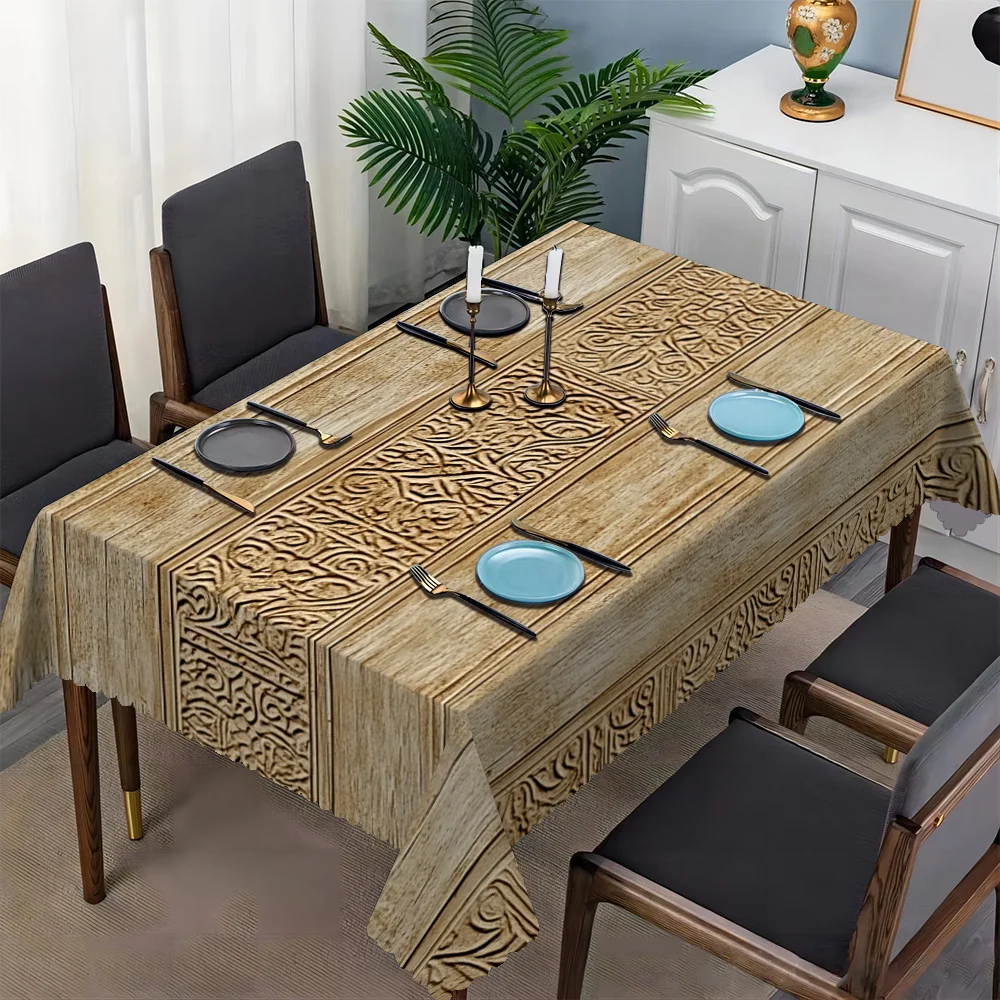 Retro wood-grain engraved printed rectangular tablecloth, with fan-shaped edge of polyester fiber.