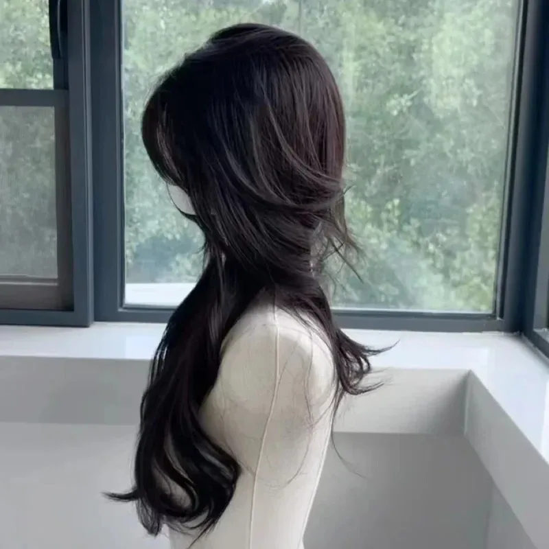 黒髪ロングウェーブナチュラルヘア合成ウィッグ女性用24インチ高品質耐熱ウィッグ人毛