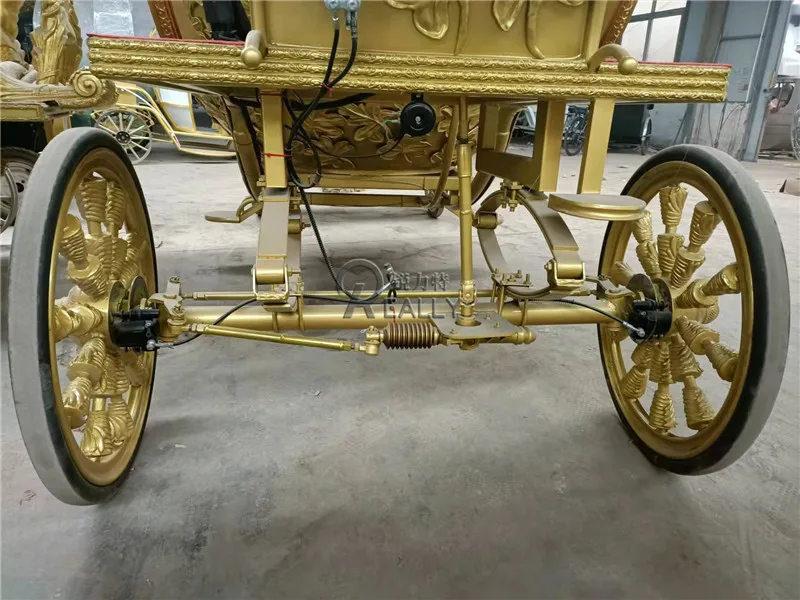 Carruagem de ouro real personalizada, carruagem de cavalo medieval, tigelas de doces de cavalo real, casamento, trailer de transporte desenhado