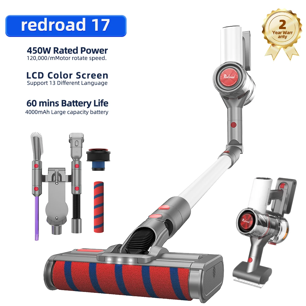 REDROAD 17 Cordless Vacuum Cleaner Handheld 450W 26.5 KPa Suction Power Multifunctional Brush LCD Color Screen Dual roller brush