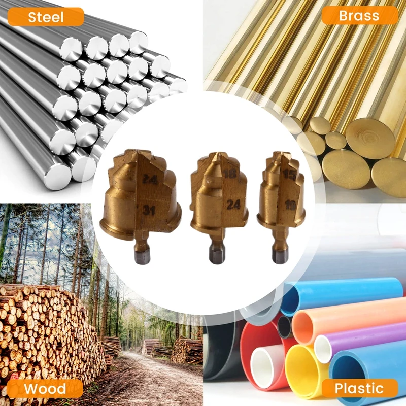 A23T 3pcs PPR Step Drill Bit Set 20/25/32mm Hex Shank Chamfering Cutter Water Pipe Connection Tool