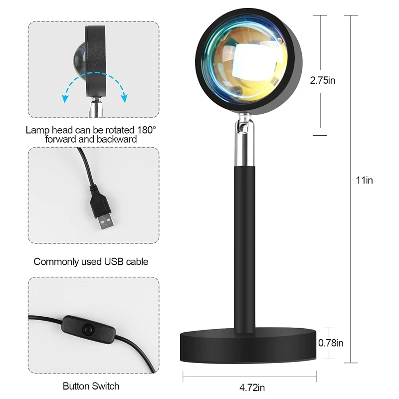 مصباح ليد لغروب الشمس مع منفذ USB ، ضوء إسقاط غروب الشمس ، مصباح أرضي ، دوران درجة ، 1 ordree