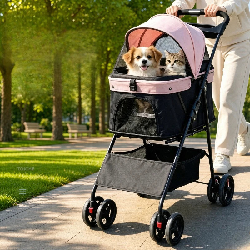 Folding Pet Stroller, Cat and Small Dog Pushchair with Fixed Carrier, Lightweight Frame, Wear-Resistant Wheels, Pink Fabric