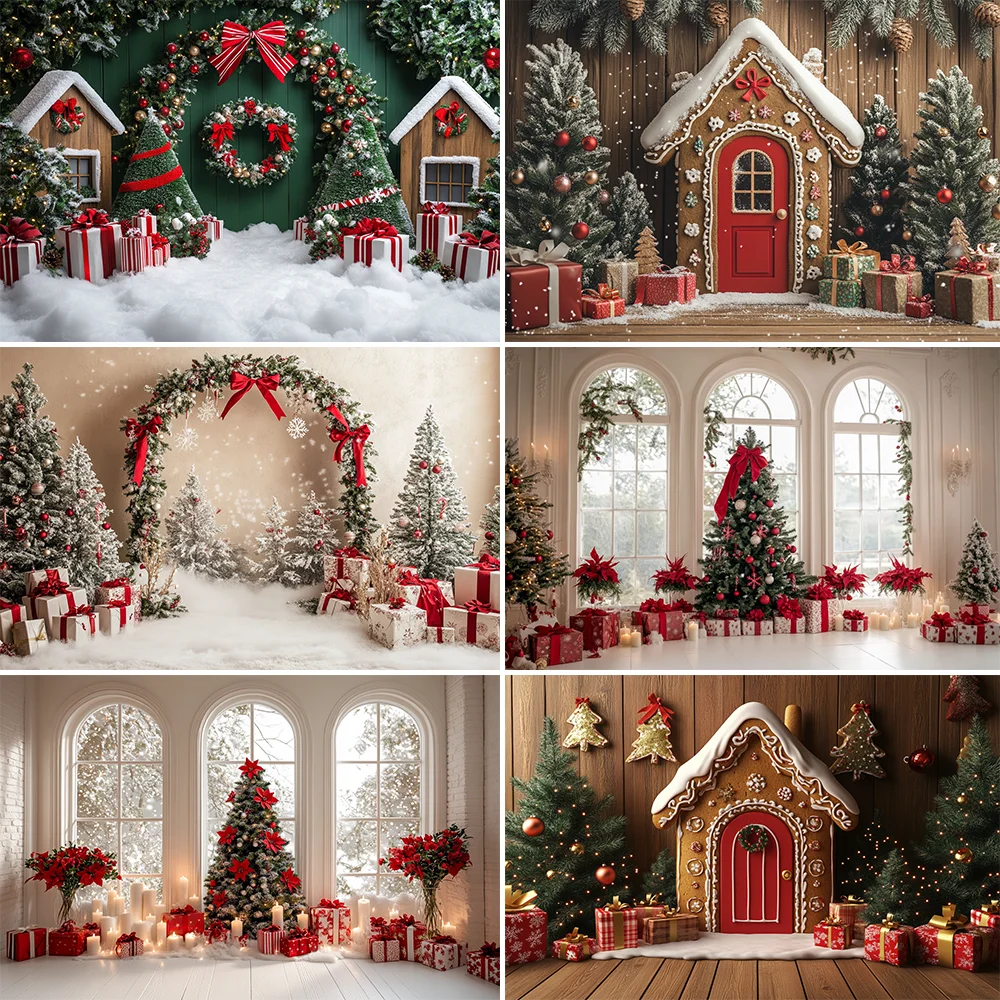 

Winter Christmas Photography Background Arch Door Xmas Tree Chic Wall Gift Indoor Decor Banner Kids Portrait Photocall Backdrops