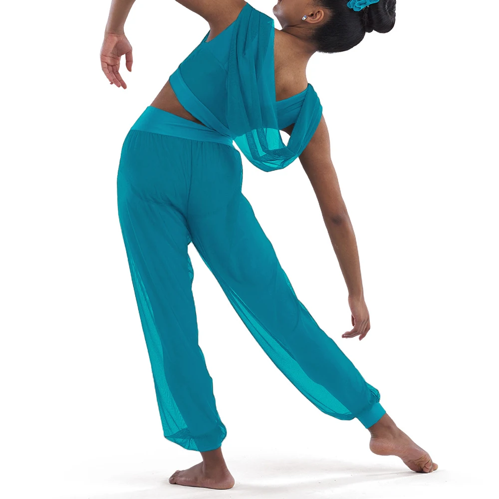 MiDee Costume de danse moderne haut court pour filles enfants pantalon à jambes larges en maille avec Costume attaché en Lycra tenues de danse lyrique femmes