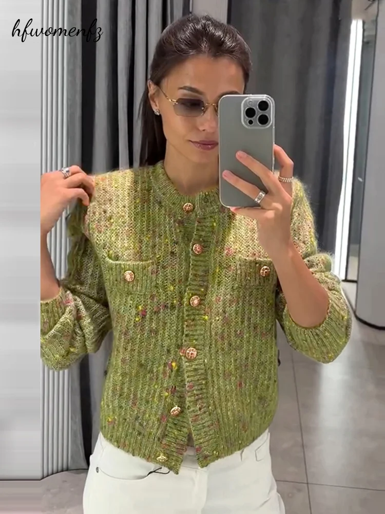 Women's Contrast Knit Cardigan O-neck Long Sleeve Pocket Thick Warm Sweater Female 2026 Autumn Winter Lady All-matching Knitwear