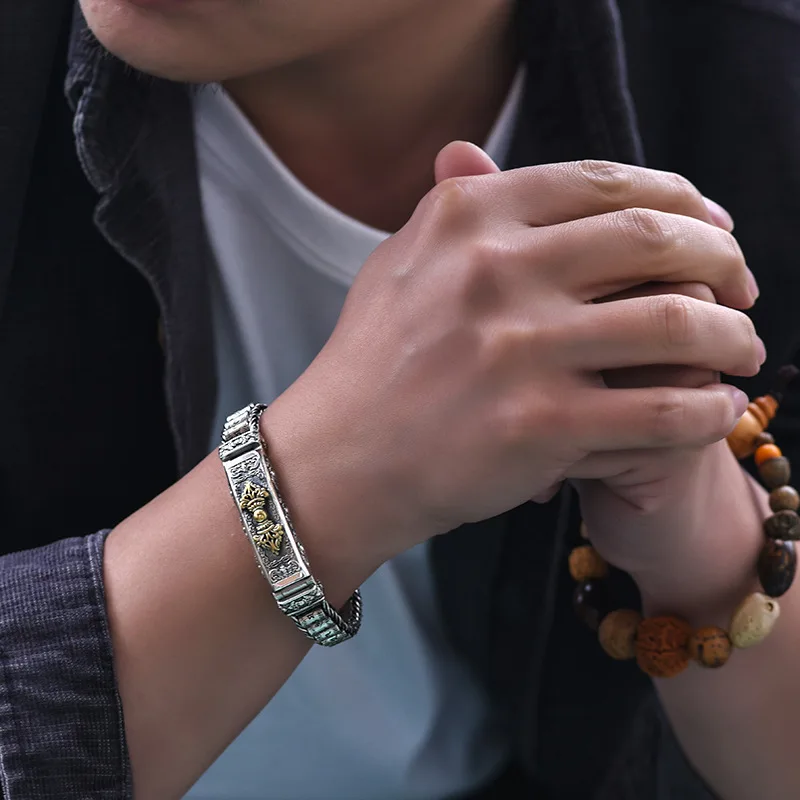 100% pure solid S925 Silver Vintage Magic Pestle men's bracelet thick overbearing trend personality jewelry