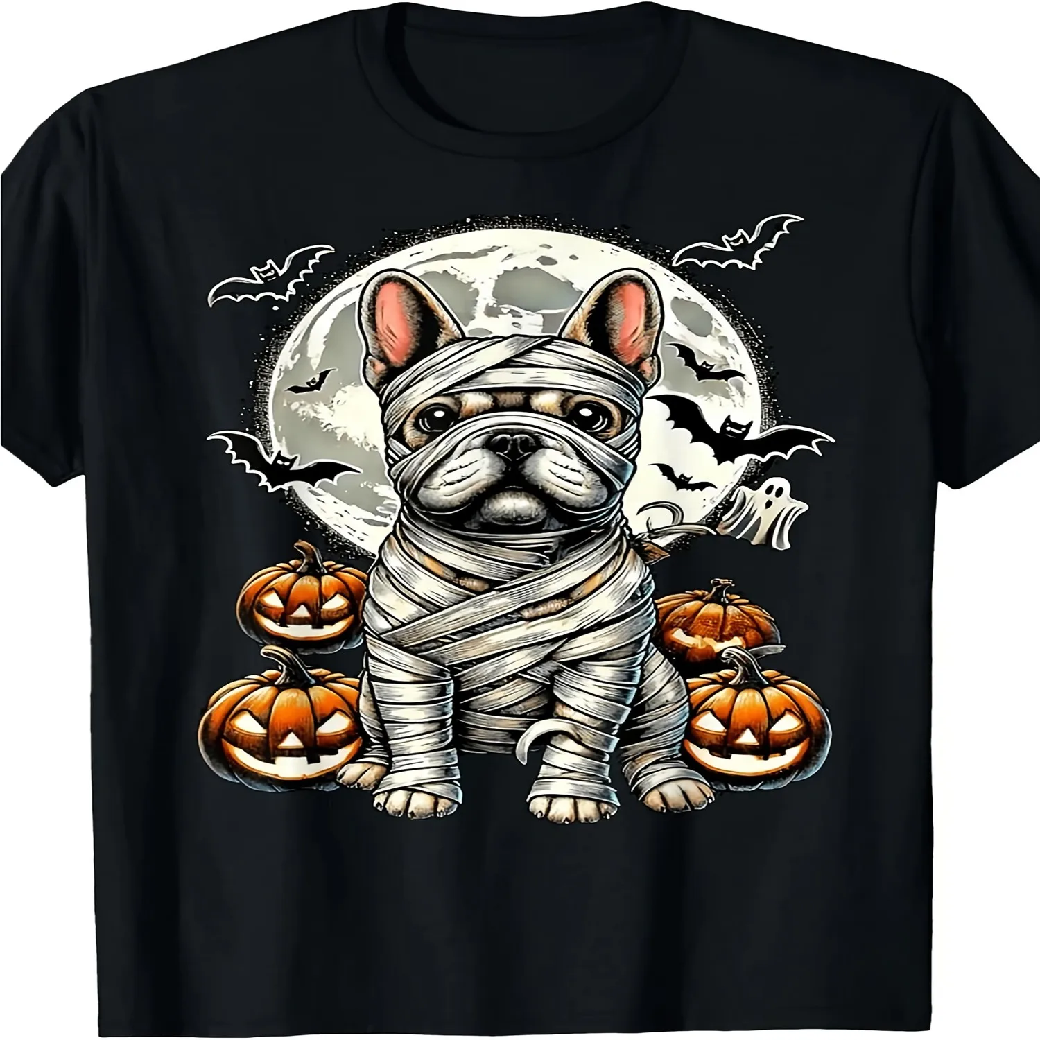 French Bulldog Mummy for halloween T-Shirt - Retro Mummy Full Moon Graphic Tee, Machine Washable Breathable Shirt for Men, Women - Pet Lover Gift Idea (Year-Round Casual Wear)) Unisex T Shirt Gift For Her