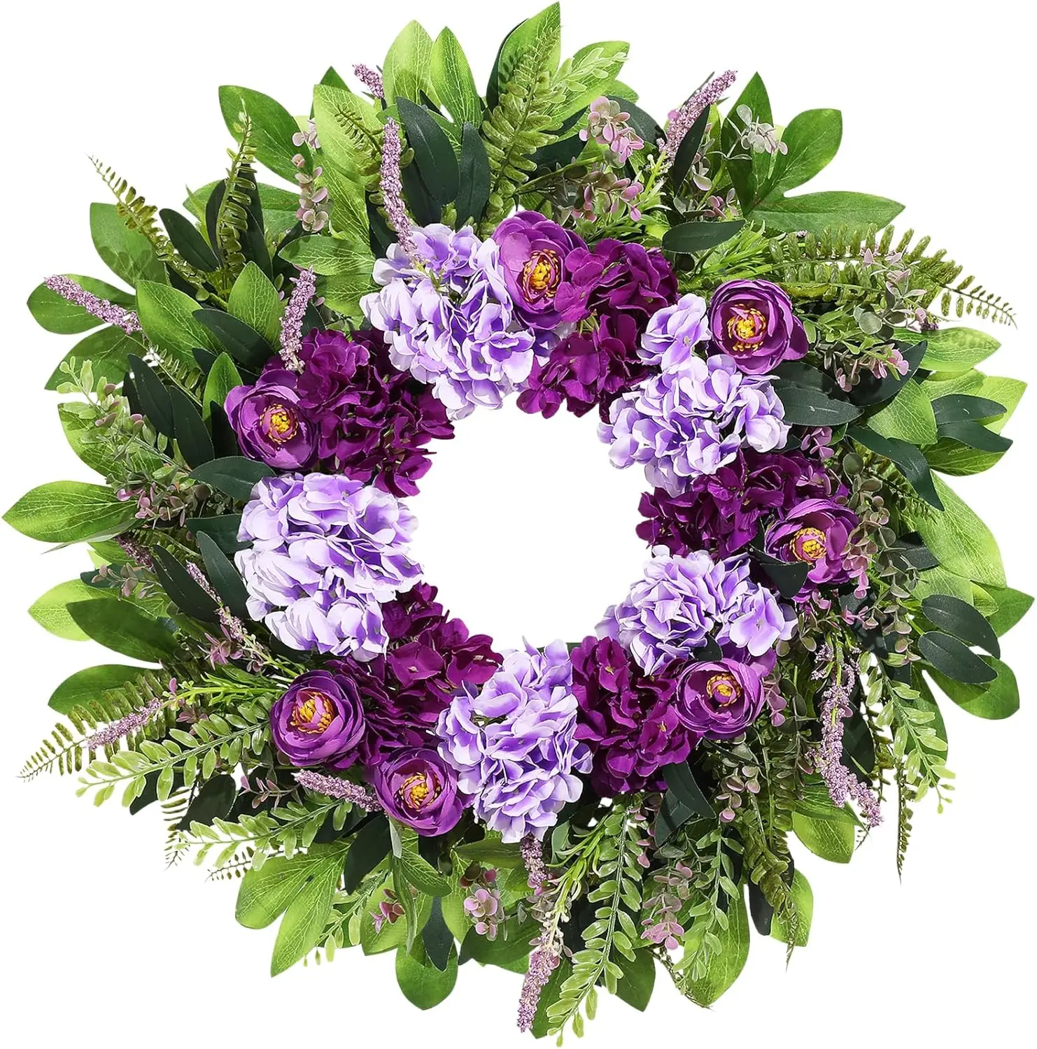 

Summer Wreaths for Front Door, 24 Inch Summer Wreath Purple Floral with Hydrangea Ranunculus Flower Summer Door Wreaths for Porch Entryways Wall Window Farmhouse Party Home Seasonal Decor