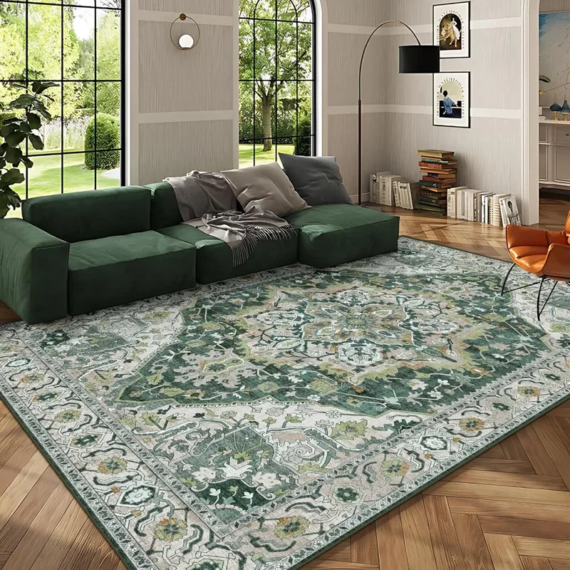 Large Green Boho Area Rug - Washable 9x12 Vintage Indoor Rug for Living Room or Bedroom