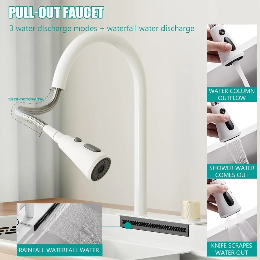 Modern Single Bowl Undermount Kitchen Sink with Flying Rain Waterfall Design Stainless Steel Construction Drop-In Installation