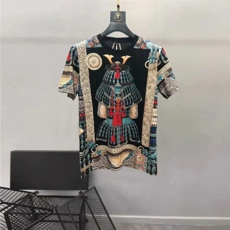 

2024 Summer New Men's Pullovers Crew Neck Spliced Printed Casual Fashionable Trendy All-match Loose Half Sleeve T-shirt Tops