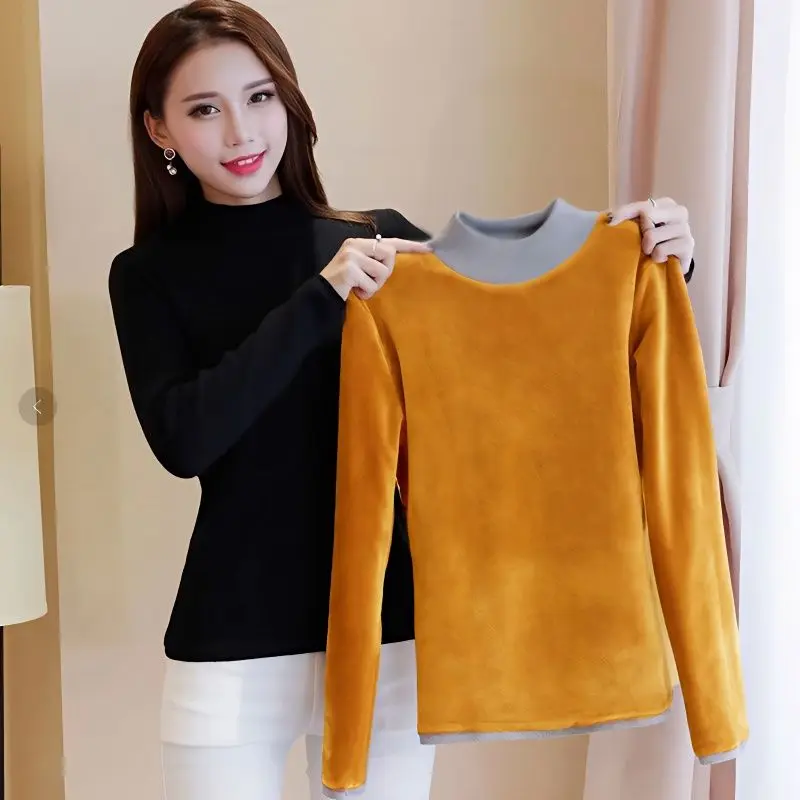 Winter All-in-one Plush Bottom Shirt for Women with Fashionable Inner Wear and Extra Plush Thick Half High Collar Warm Top