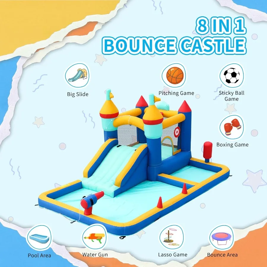 Springhuis met glijbaan, opblaasbaar kasteel met splash zwembadwaterkanonnen, springkasteel voor buiten/binnen met luchtblazer, ballenbak