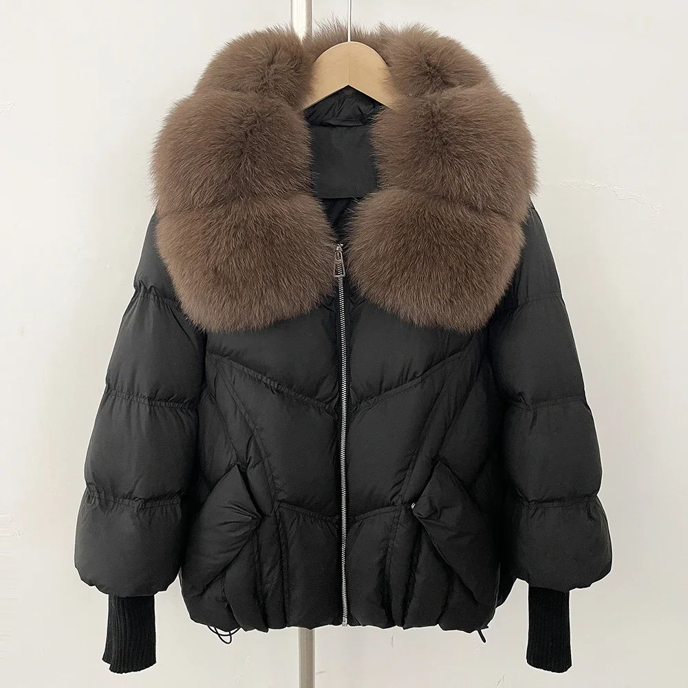 Pato para baixo casaco outono inverno puffer jaqueta roupas para baixo jaqueta feminina gola de pele de raposa natural manga de malha quente pele real fahsion