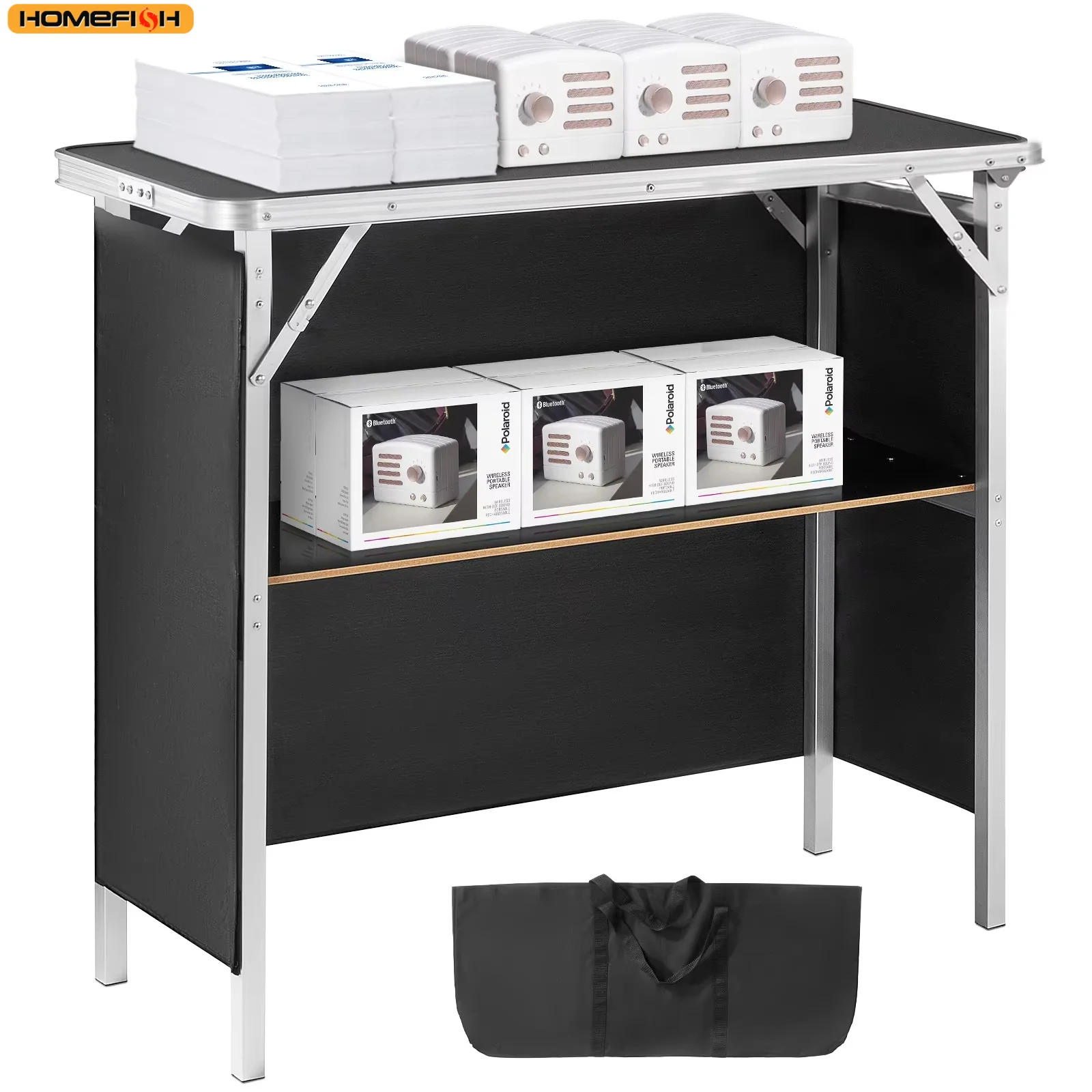 

SucceBuy Folding Portable Bar Table Tradeshow Podium Table for Party Picnic Exhibition Include Carrying Case Storage Shelf Skirt